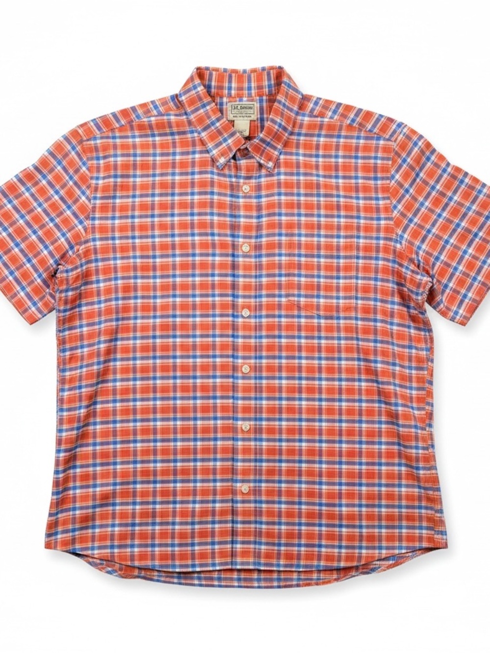 L.L. Bean Short Sleeve Plaid Button-Down Shirt in Orange/Blue Slightly Fitted XL